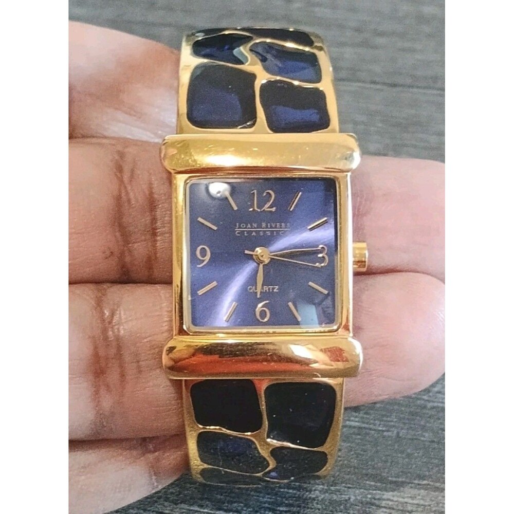 Joan Rivers Stained Glass Look Blue Gold Tone Hinge Cuff Watch